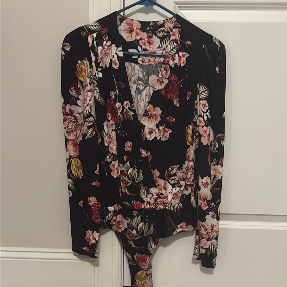AFRM Floral Bodysuit Blouse - Black and Pink